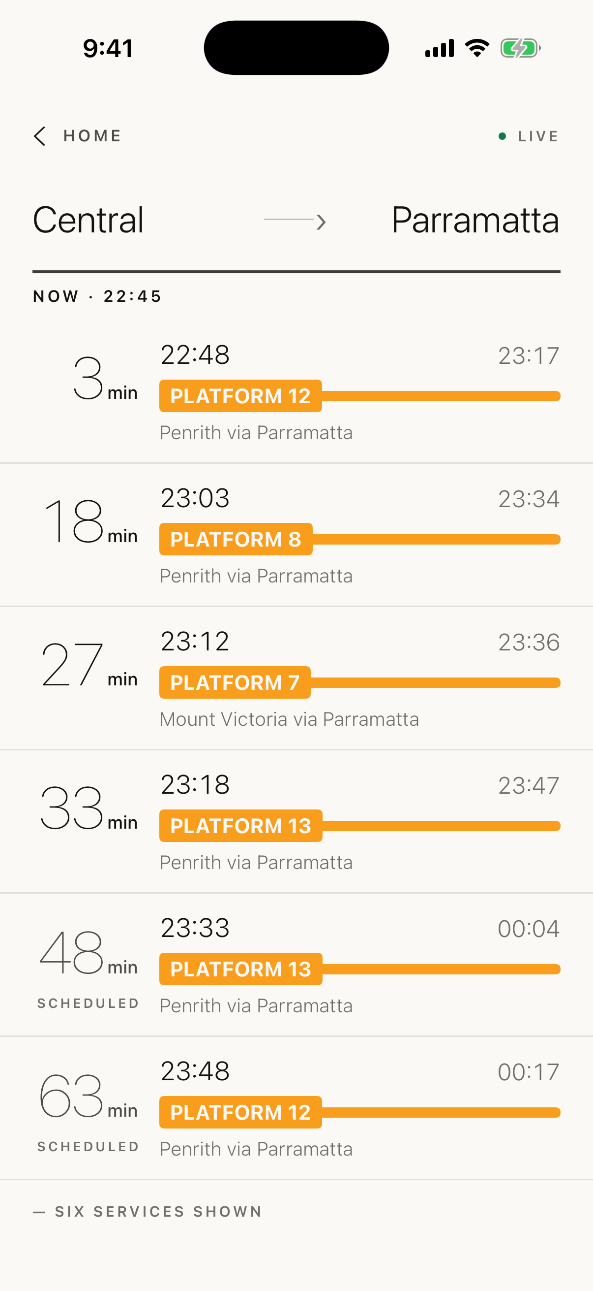 Example Central to Parramatta departure board
