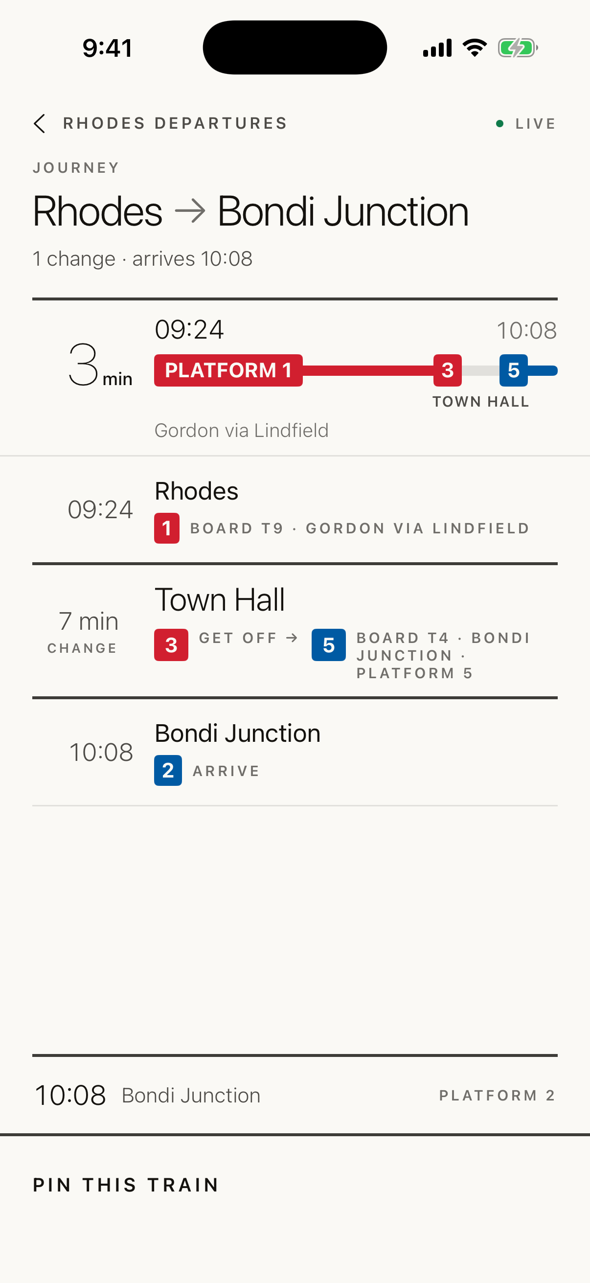 Example journey detail from Rhodes to Bondi Junction with one change at Town Hall