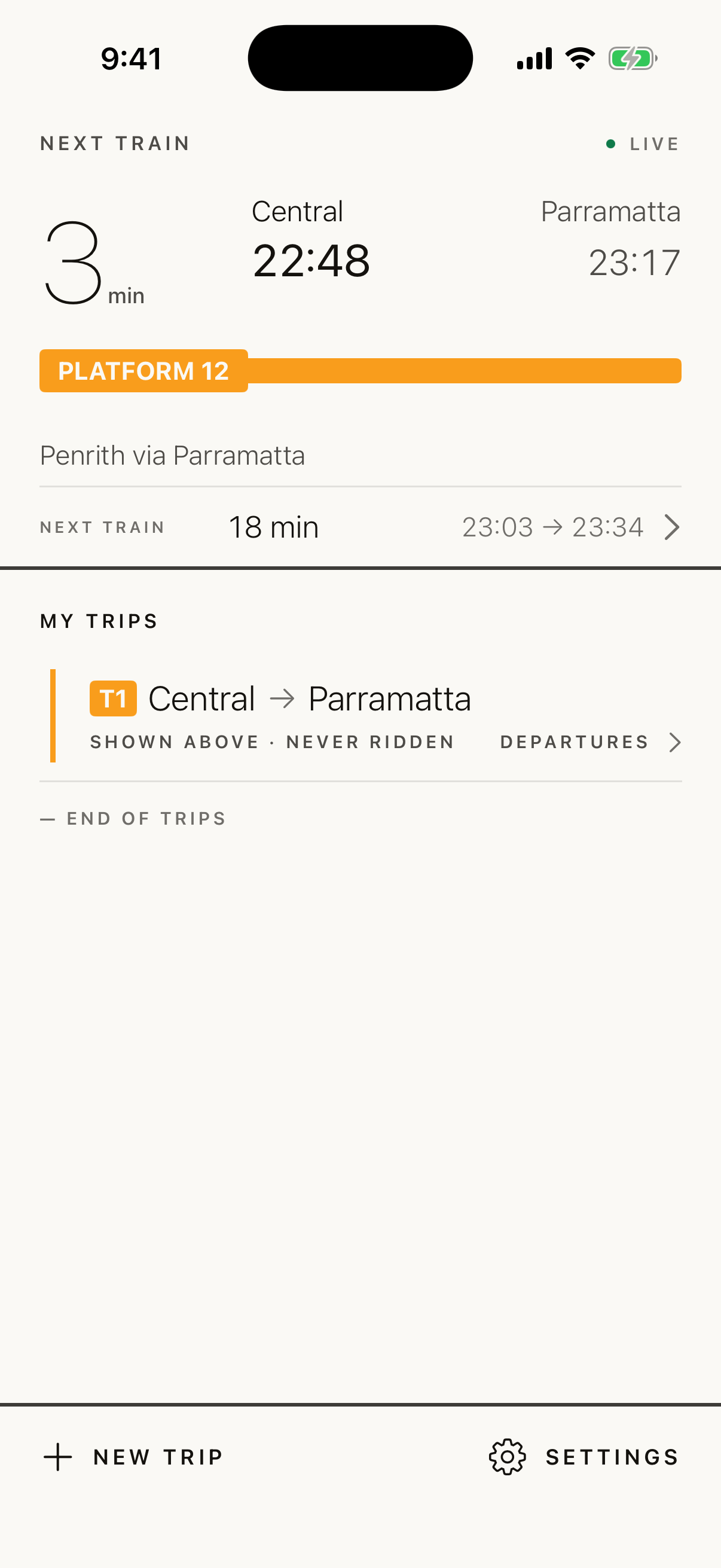Example ilovetrains home screen showing a train from Central to Parramatta in three minutes